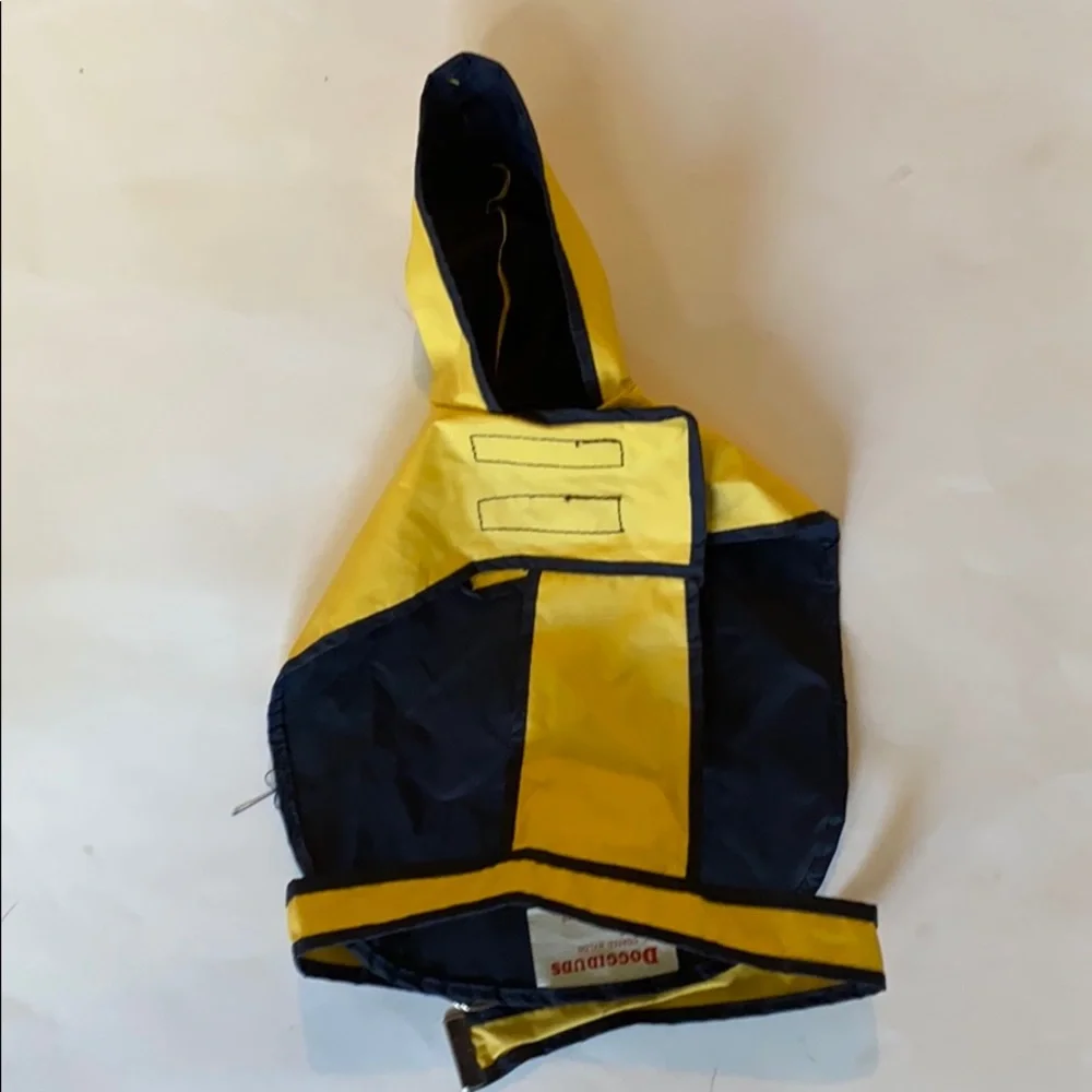DOGGIDUDS Yellow Hooded Belted Rain Coat Slicker Navy Trim Dog XS / S 10